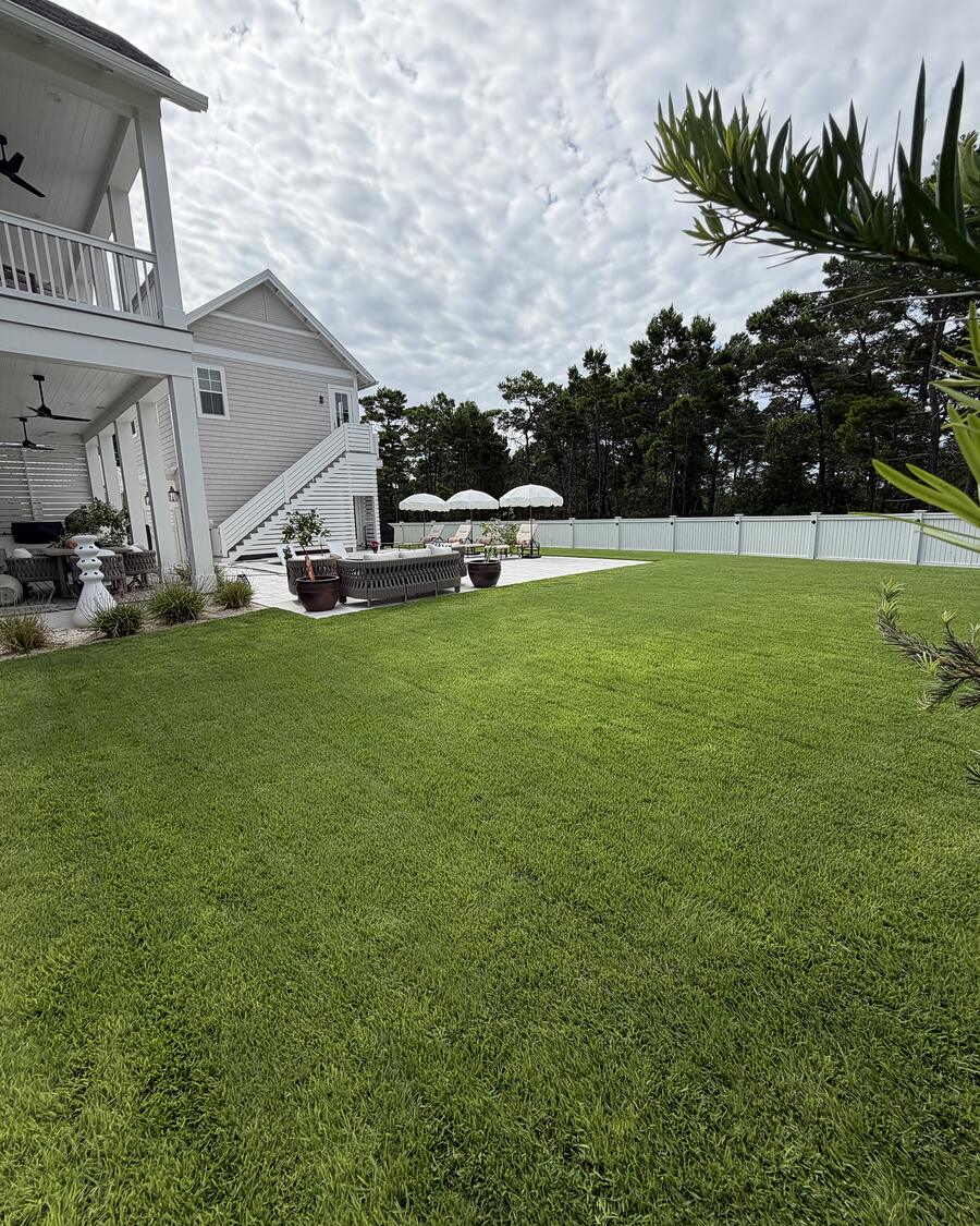 Thick green lawn beside a covered porch, safe for kids and pets